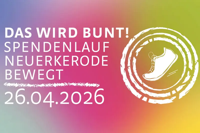 Das Plakat zeigt einen weißen Turnschuh auf buntem Hintergrund.